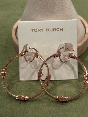 Tory Burch Rose Gold Tone Signature Hoop Earrings